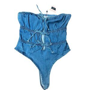 NWT Denim Bodysuit Adjustable Front Ties Denim Blvd Los Angeles Boho Festival‎ L